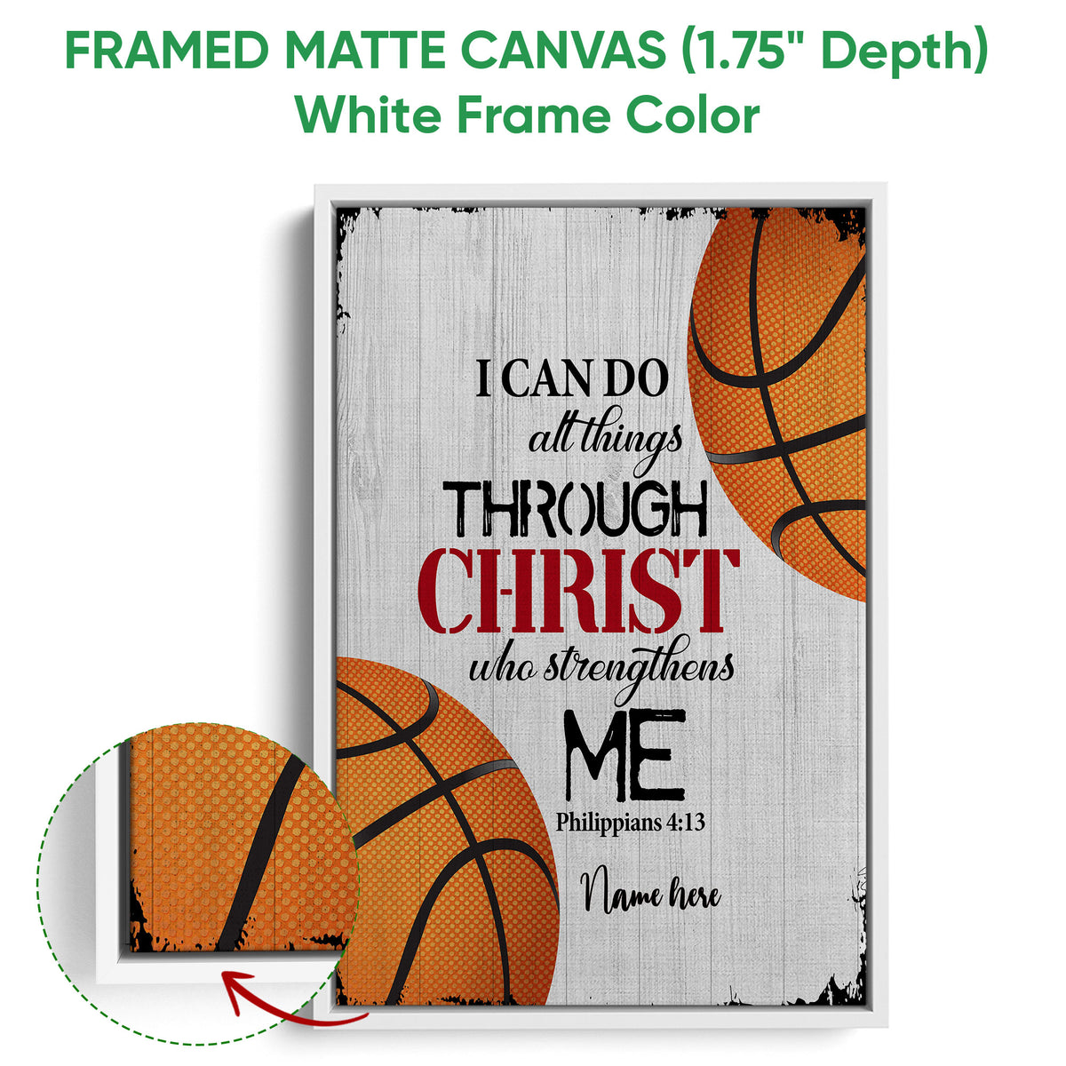 White framed basketball canvas wall art with orange basketballs and a faith-inspired motivational design