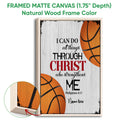 Natural wood framed basketball canvas wall art with orange basketballs and a faith-inspired sports design