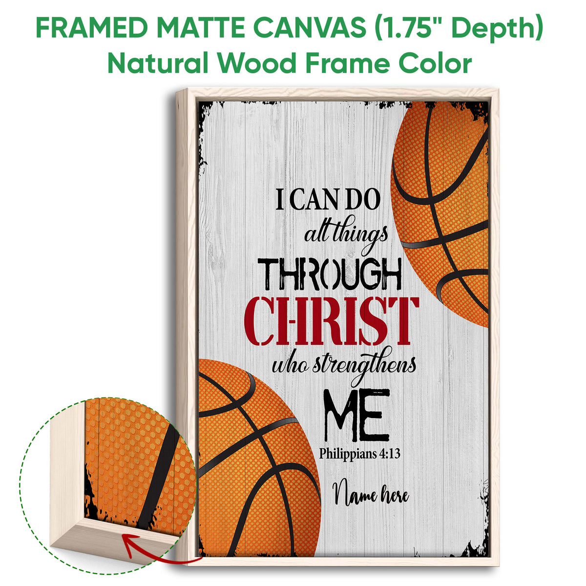Natural wood framed basketball canvas wall art with orange basketballs and a faith-inspired sports design