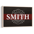 Framed firefighter wall art with a red stripe, fire department emblem, and bold lettering