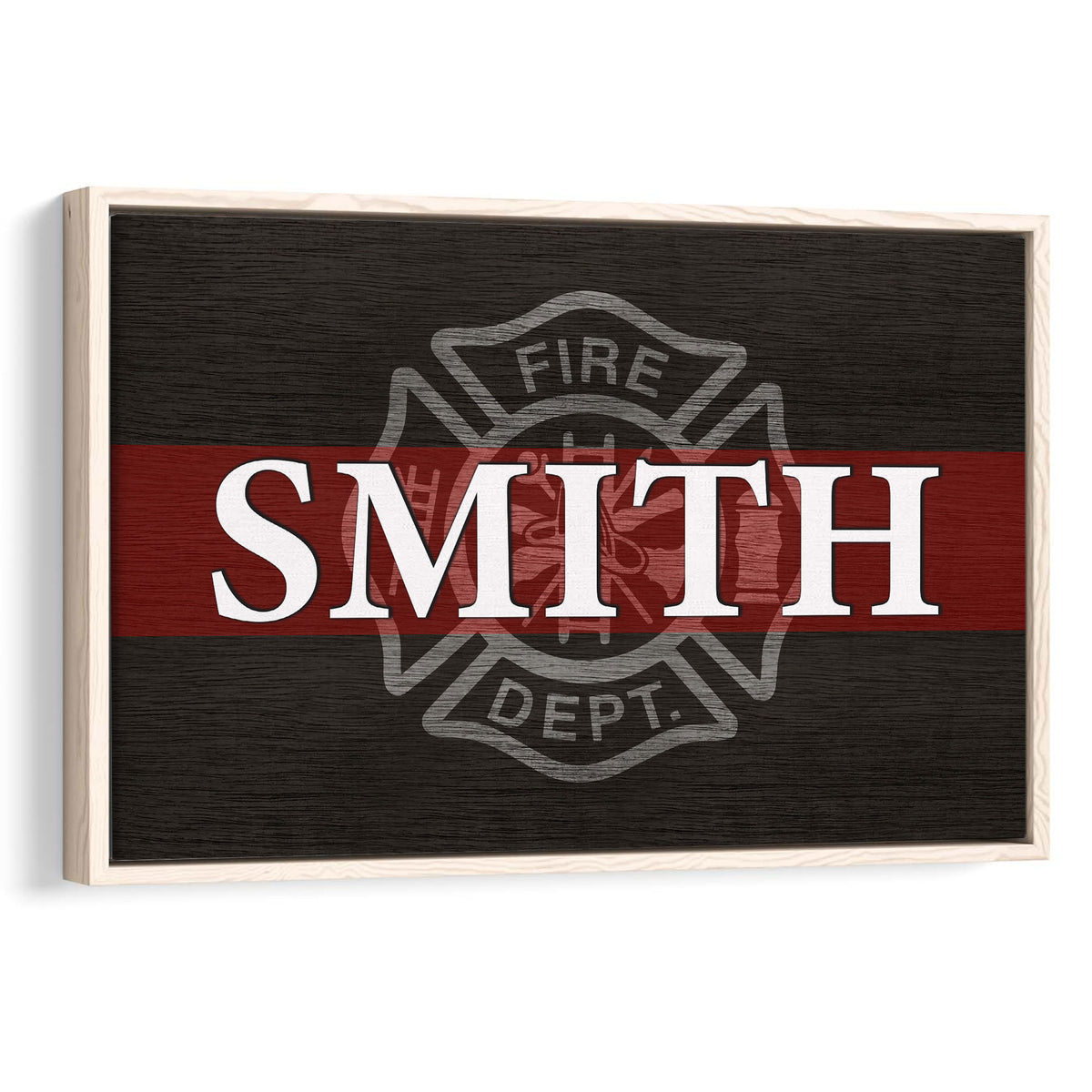 Framed firefighter wall art with a red stripe, fire department emblem, and bold lettering