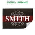 Unframed firefighter poster with a red stripe, fire department emblem, and dark wood look