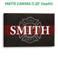 Matte canvas firefighter wall art featuring a bold red stripe and fire department emblem