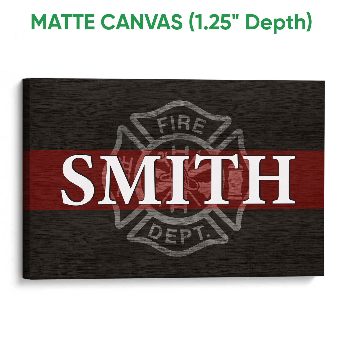 Matte canvas firefighter wall art featuring a bold red stripe and fire department emblem