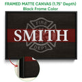 Black framed firefighter canvas wall art with a red stripe and fire department emblem