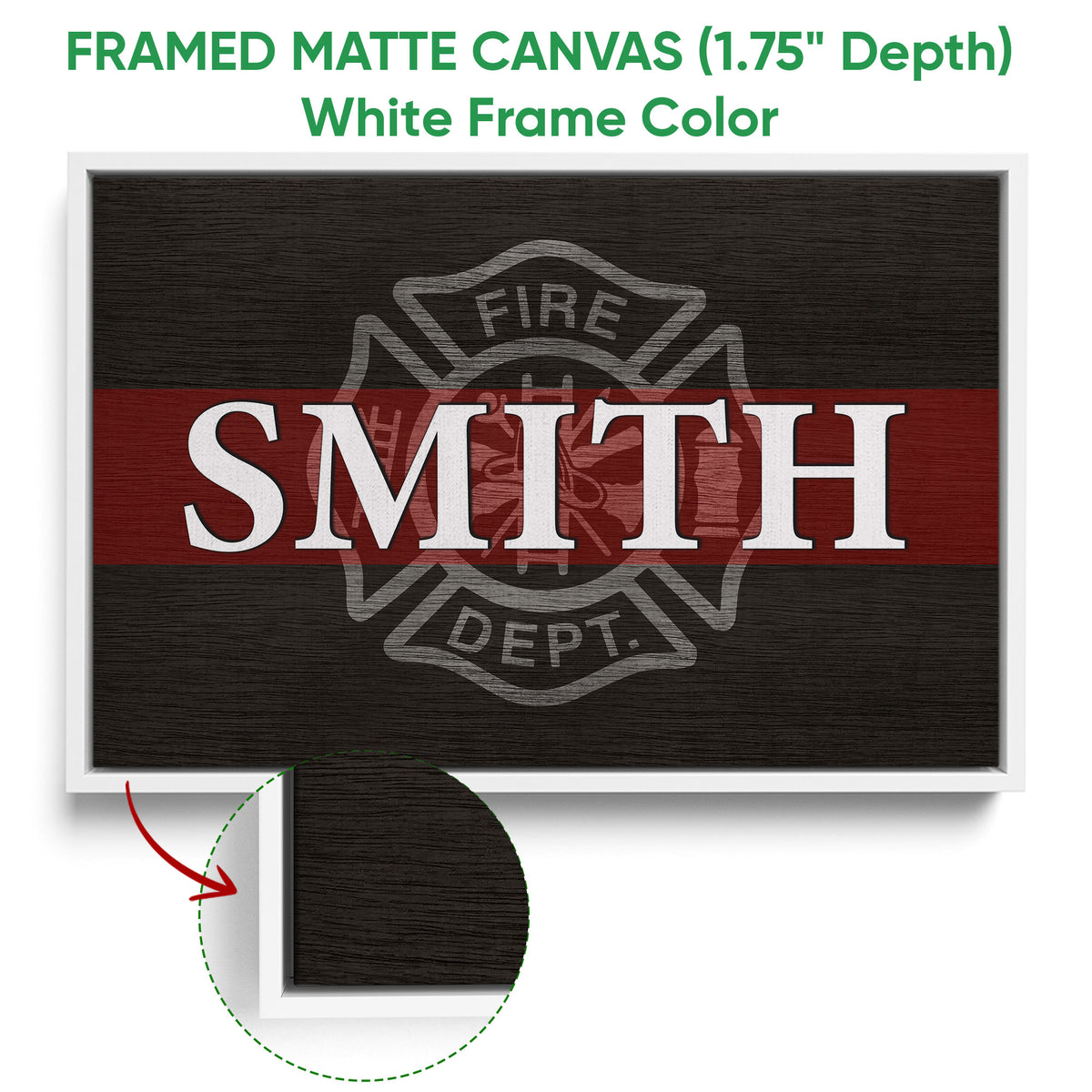 White framed firefighter canvas wall art with a red stripe and fire department emblem