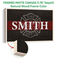 Natural wood framed firefighter canvas wall art with a red stripe and fire department emblem