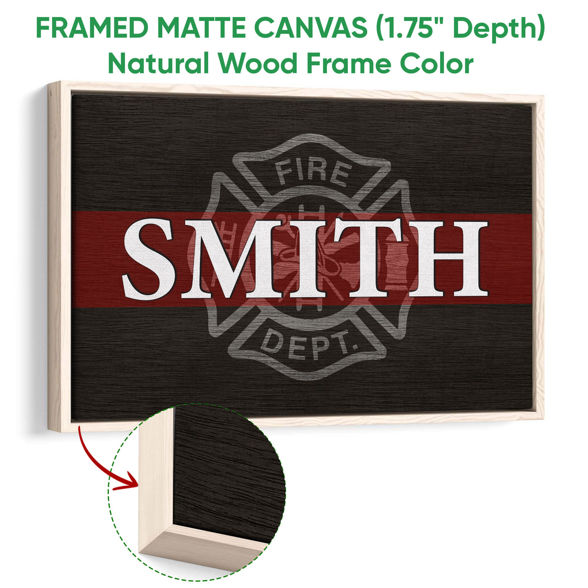 Natural wood framed firefighter canvas wall art with a red stripe and fire department emblem