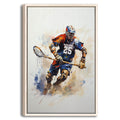 Framed lacrosse wall art showing a helmeted player in blue, orange and white gear with a lacrosse stick