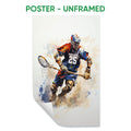 Unframed lacrosse poster featuring a helmeted player with a lacrosse stick in an energetic watercolor style