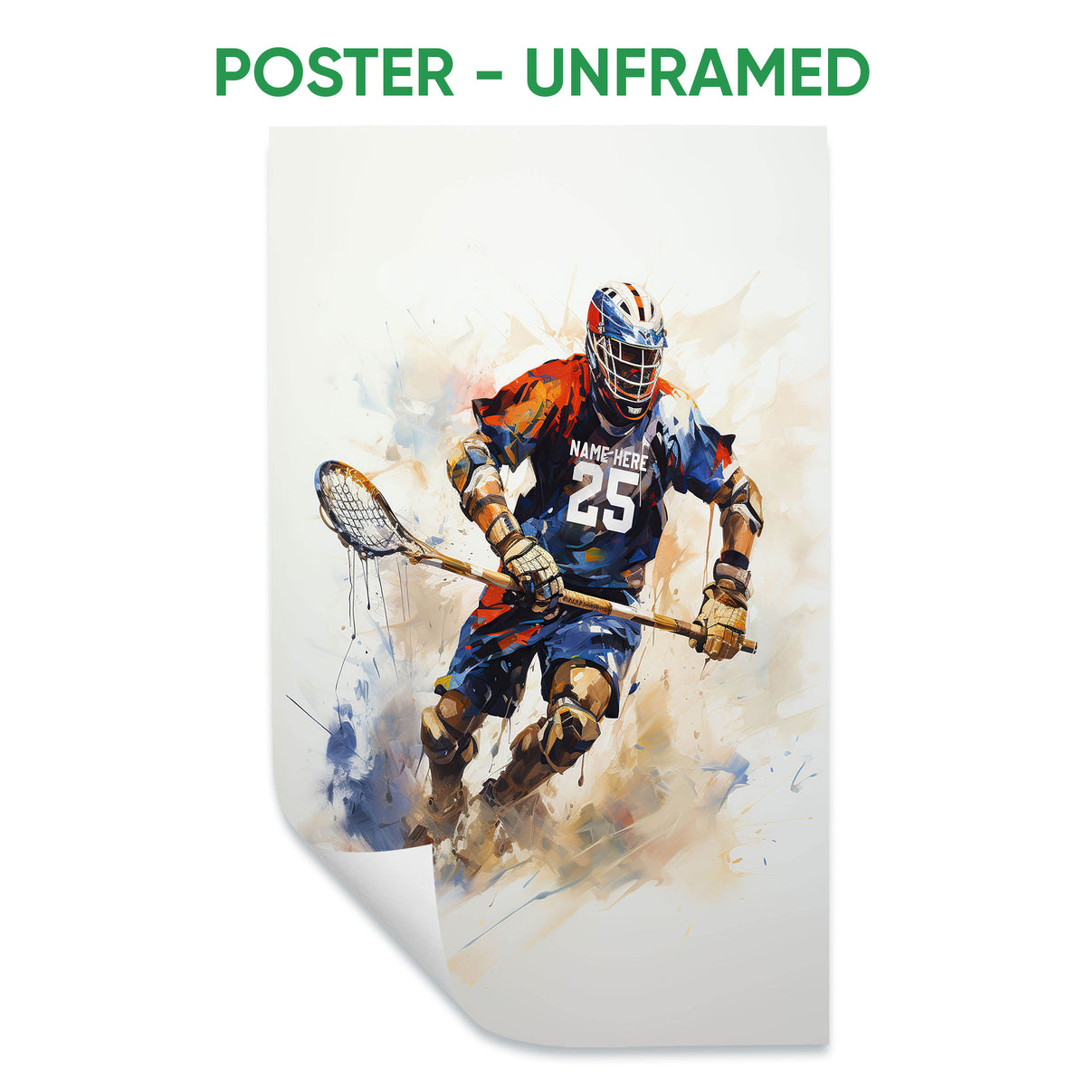 Unframed lacrosse poster featuring a helmeted player with a lacrosse stick in an energetic watercolor style