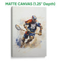 Matte canvas lacrosse wall art featuring a helmeted player in blue and orange athletic gear