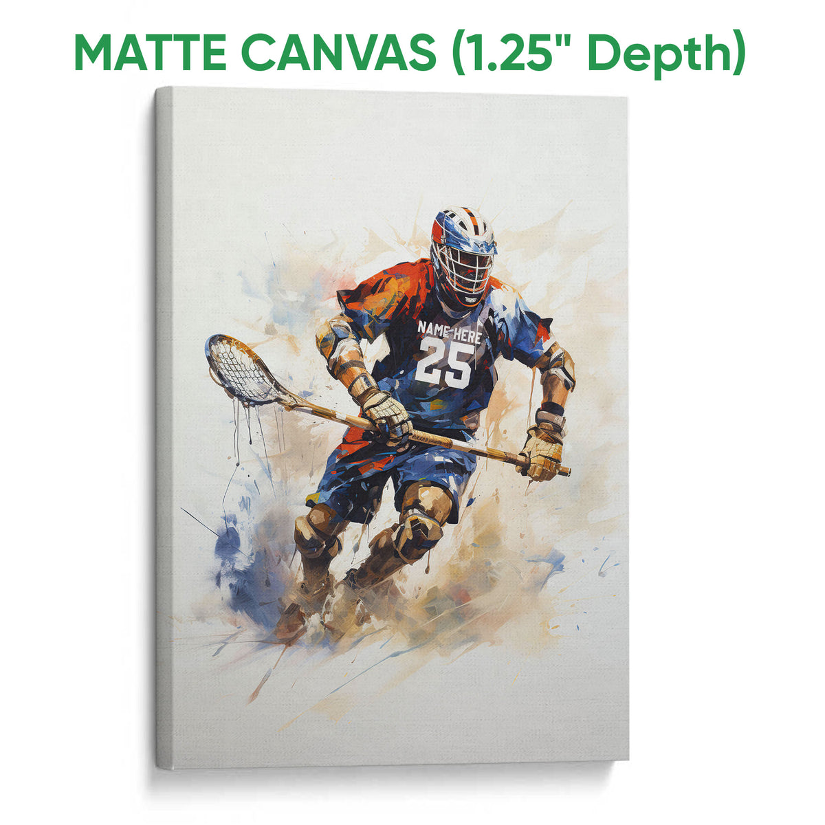 Matte canvas lacrosse wall art featuring a helmeted player in blue and orange athletic gear