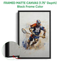 Black framed canvas lacrosse wall art with a dynamic helmeted player and colorful paint-splash background