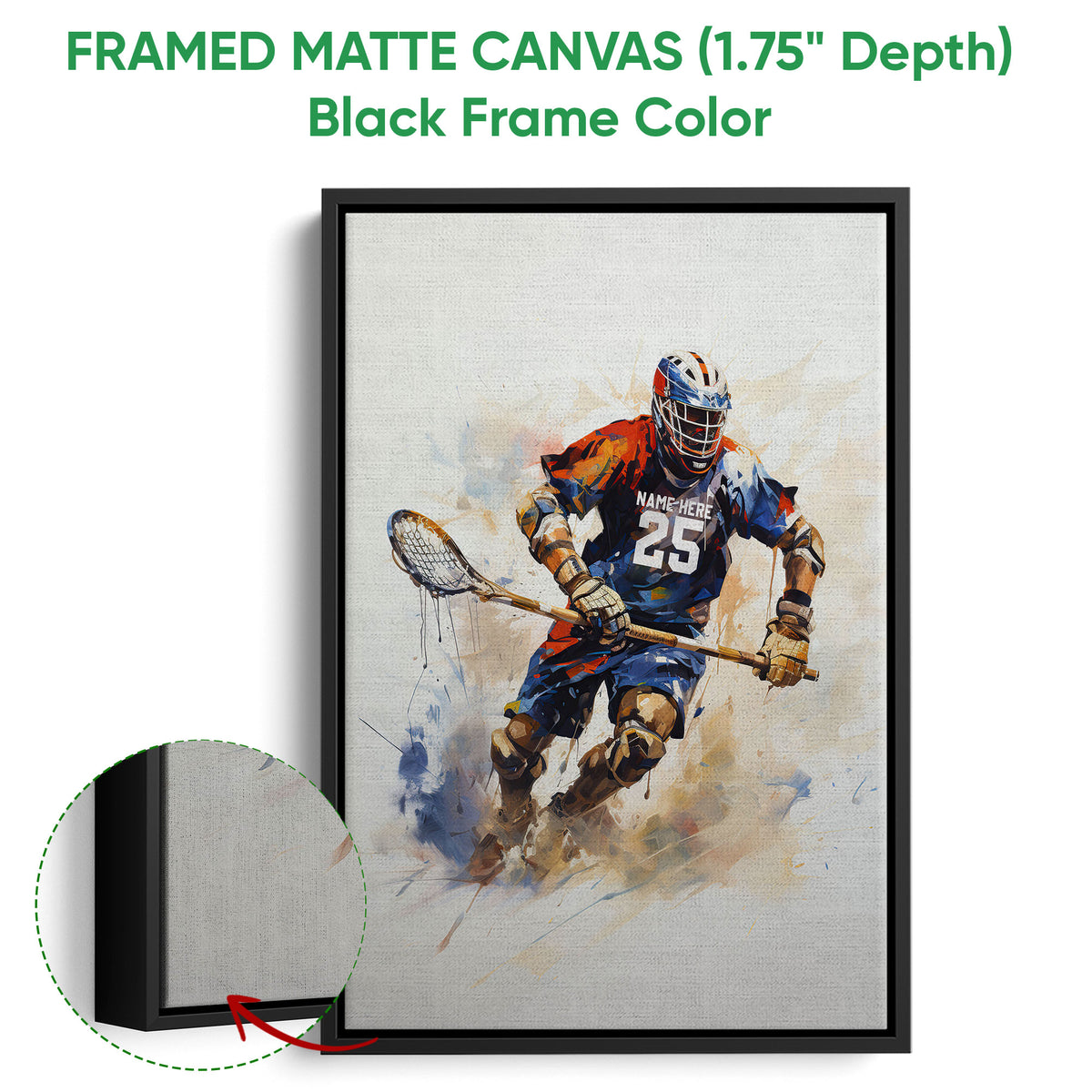 Black framed canvas lacrosse wall art with a dynamic helmeted player and colorful paint-splash background