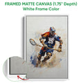 White framed canvas lacrosse wall art featuring a helmeted player with blue, orange and white accents