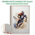 Natural wood framed lacrosse wall art showing a helmeted player with a stick in a painterly action scene