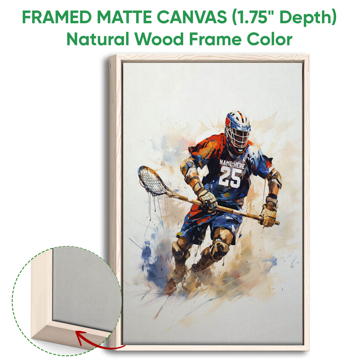 Natural wood framed lacrosse wall art showing a helmeted player with a stick in a painterly action scene