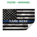 Unframed poster with a distressed black and white thin blue line flag design
