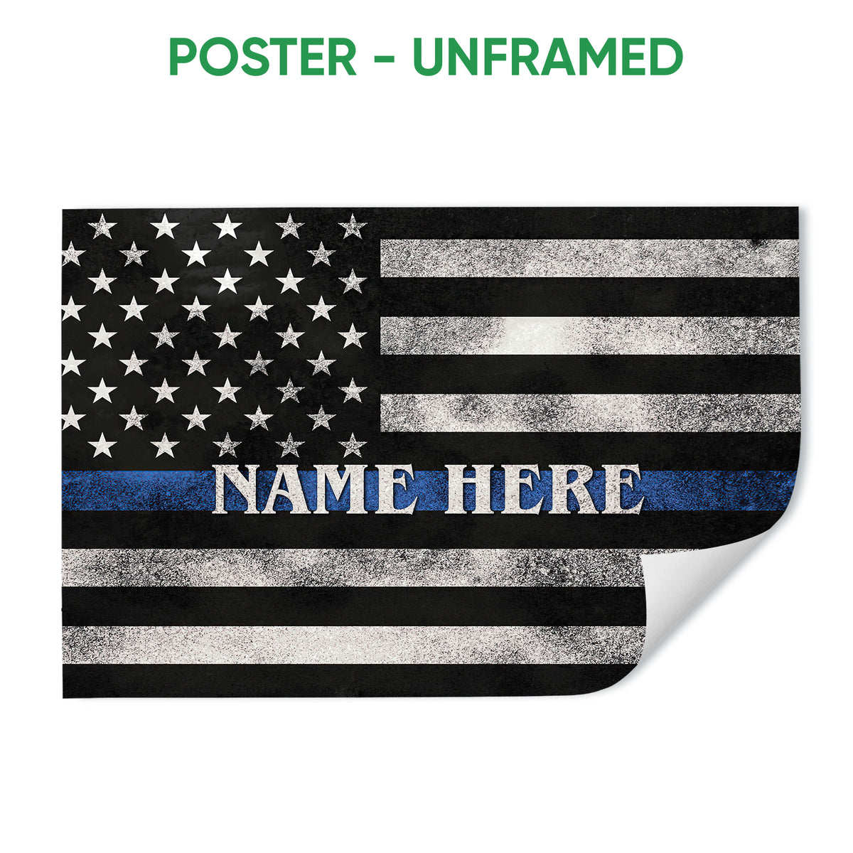 Unframed poster with a distressed black and white thin blue line flag design