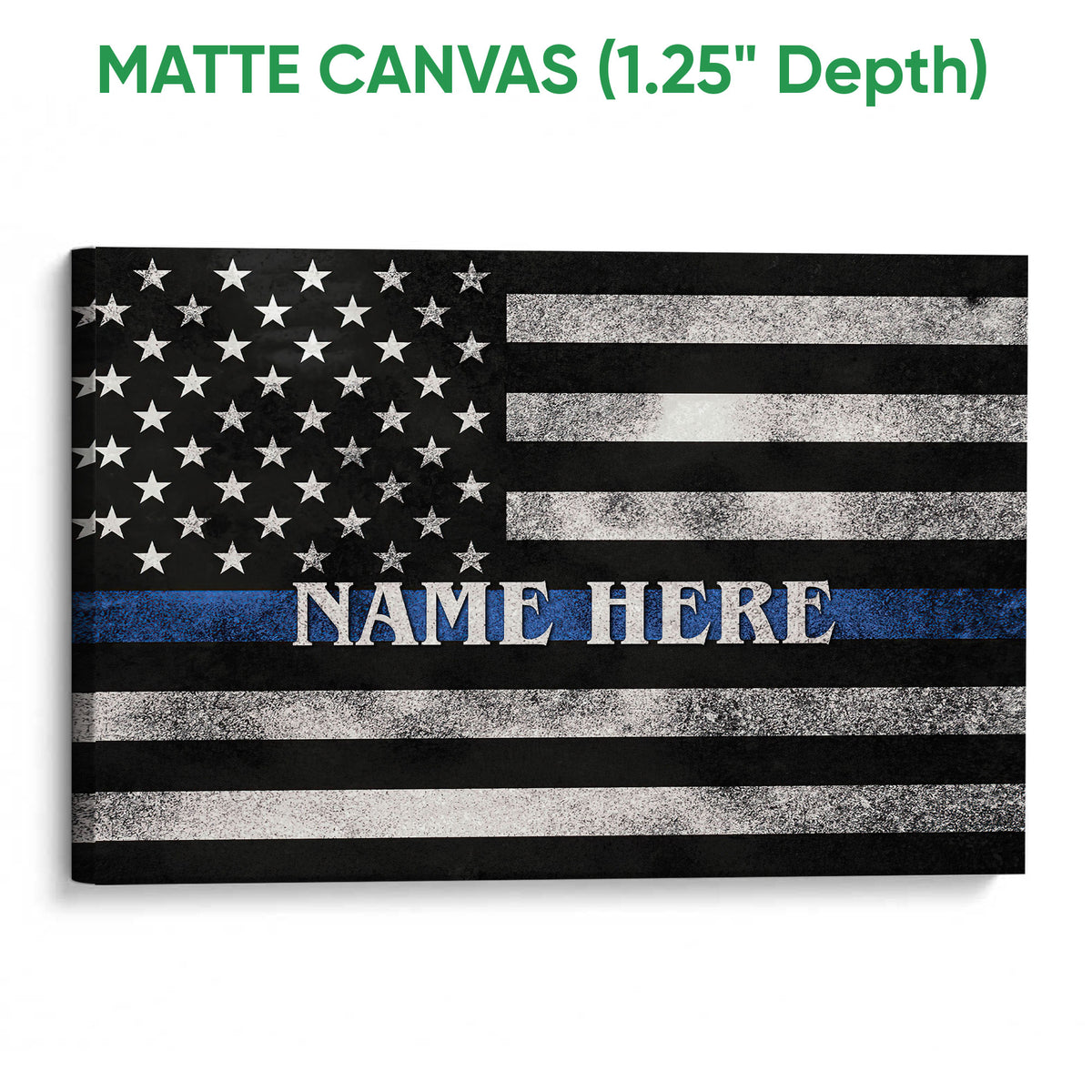 Matte canvas wall art showing a distressed police flag in black, white and blue