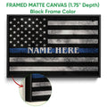 Framed canvas police wall art with a black frame and thin blue line flag design