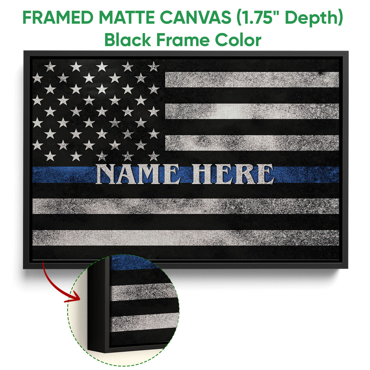 Framed canvas police wall art with a black frame and thin blue line flag design