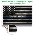 Framed canvas police wall art with a white frame and distressed blue line flag