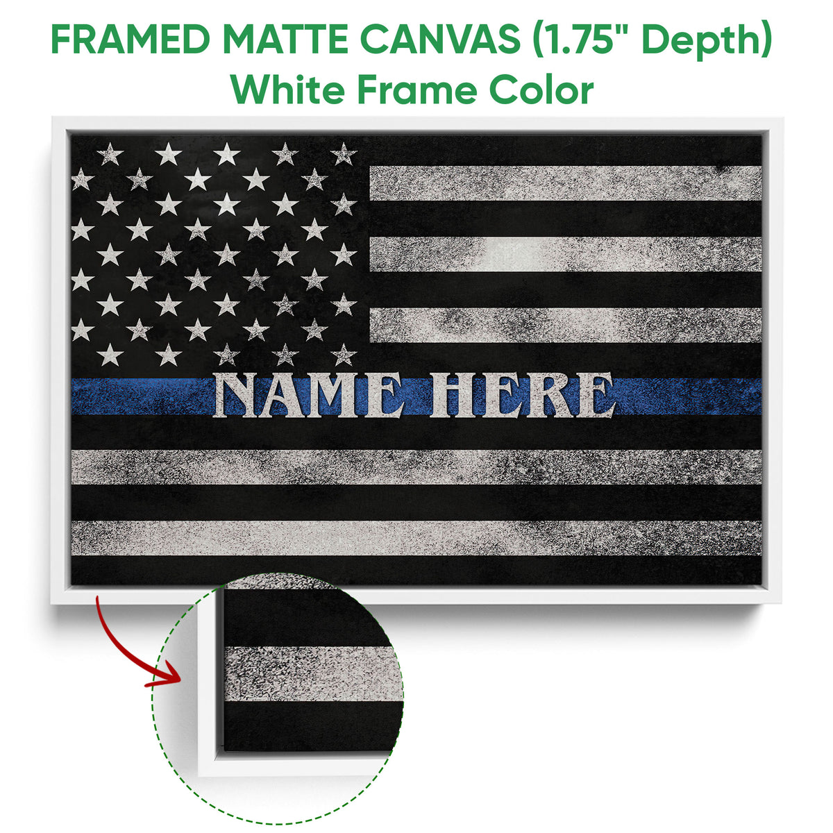 Framed canvas police wall art with a white frame and distressed blue line flag