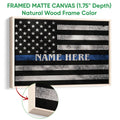 Framed canvas police wall art with a natural wood frame and thin blue line flag