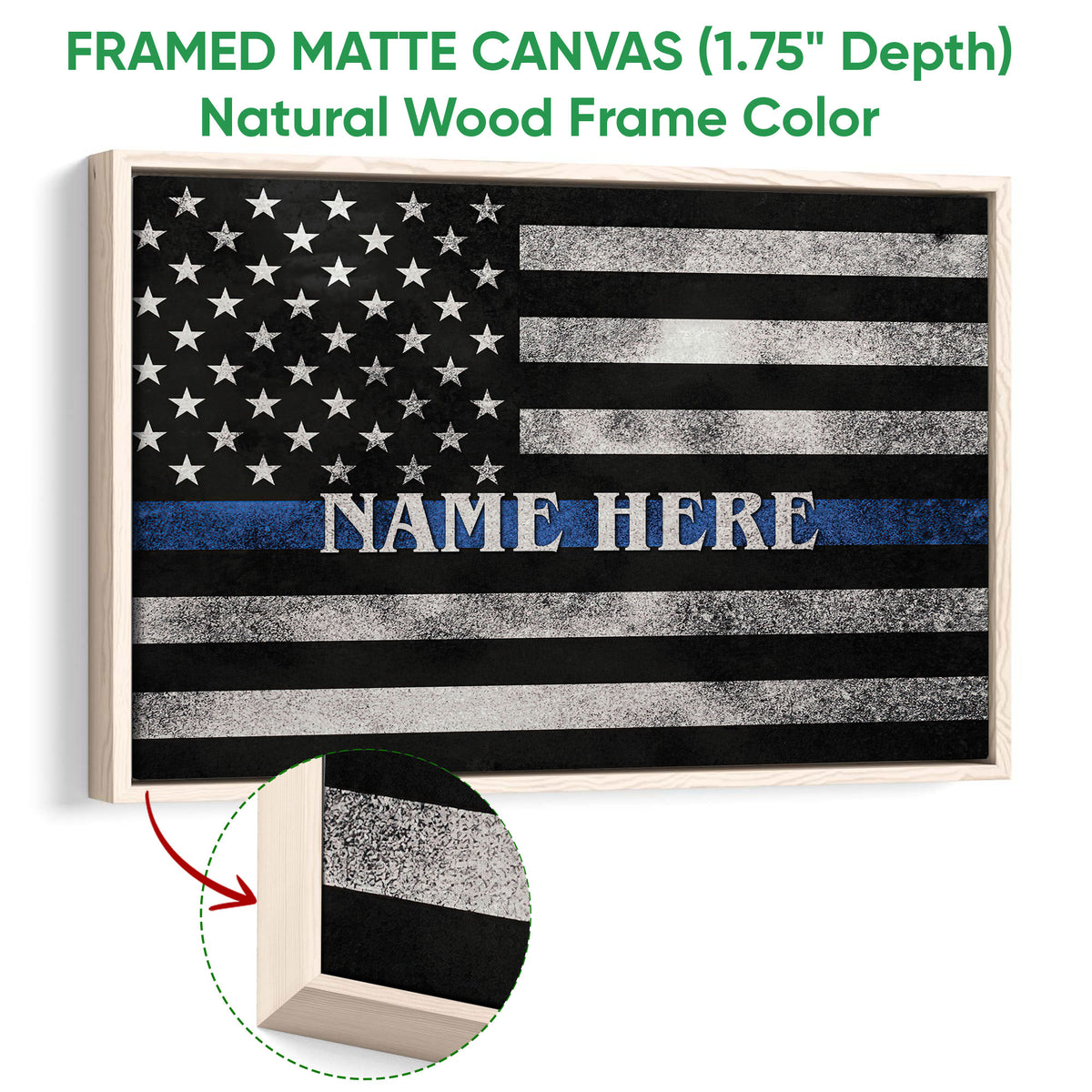 Framed canvas police wall art with a natural wood frame and thin blue line flag