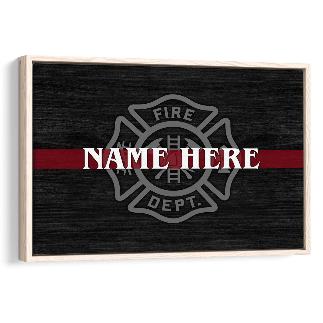 Framed firefighter wall art with a fire department emblem, black wood-look background, and red stripe