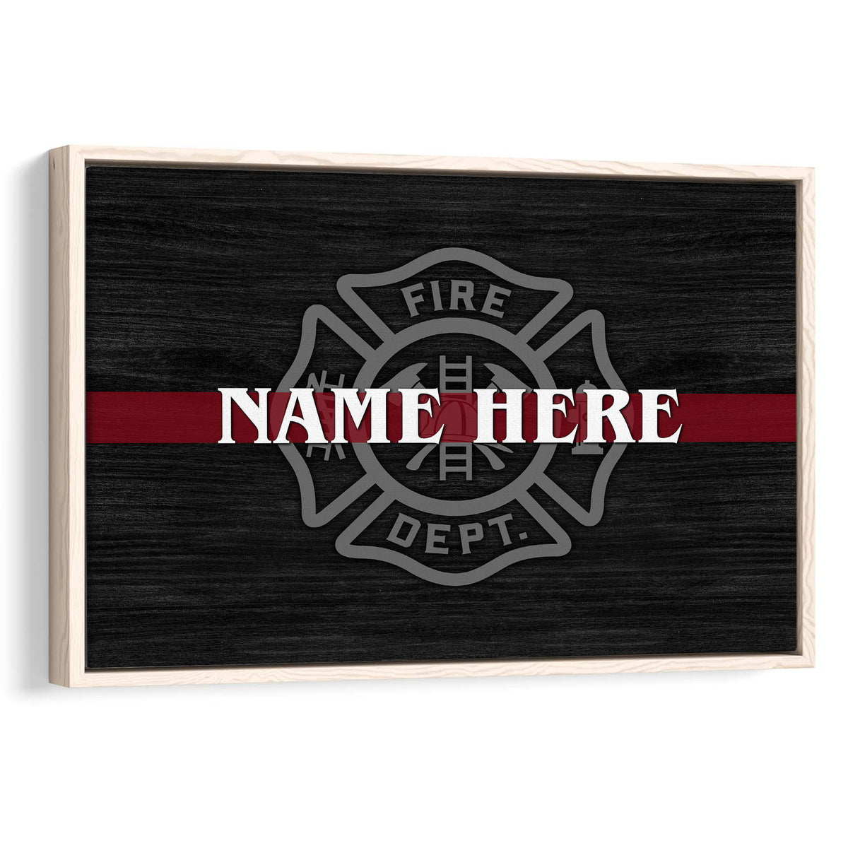Framed firefighter wall art with a fire department emblem, black wood-look background, and red stripe