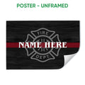 Unframed firefighter poster featuring a fire department emblem on a black background with a red stripe
