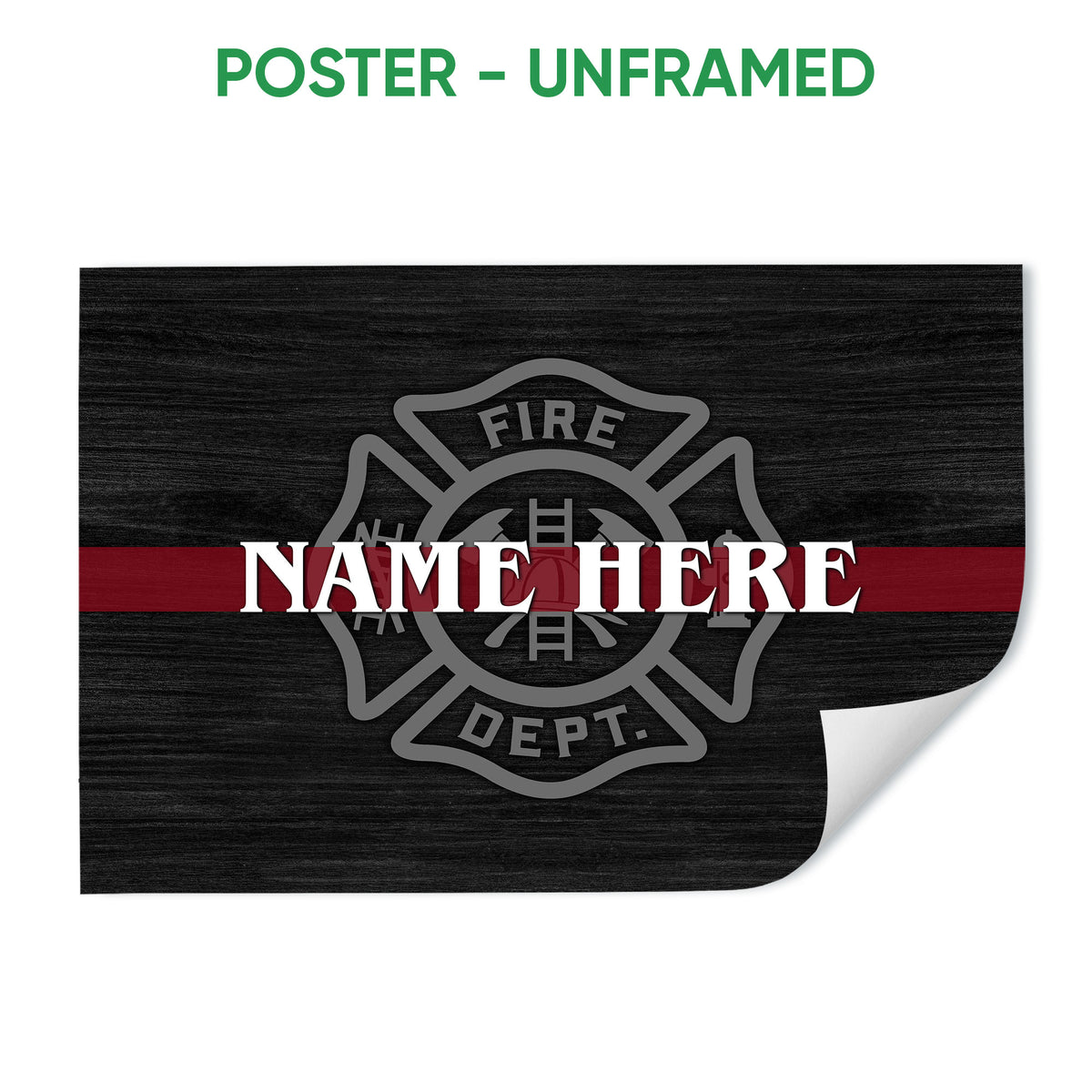 Unframed firefighter poster featuring a fire department emblem on a black background with a red stripe