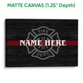 Matte canvas firefighter wall art with a dark fire department emblem design and red center stripe