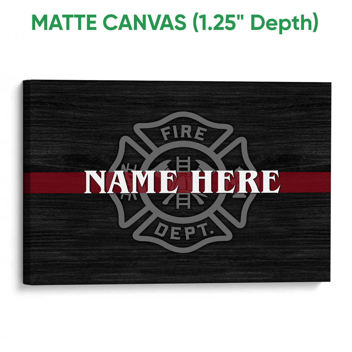 Matte canvas firefighter wall art with a dark fire department emblem design and red center stripe