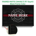 Framed firefighter canvas wall art shown with a black frame and close-up of the frame depth
