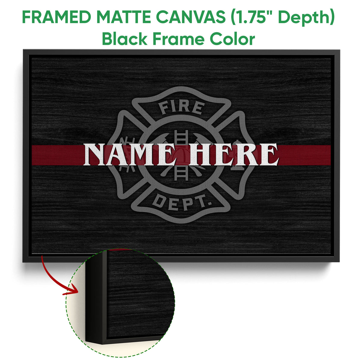 Framed firefighter canvas wall art shown with a black frame and close-up of the frame depth
