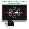 Framed firefighter canvas wall art shown with a white frame and close-up of the frame edge