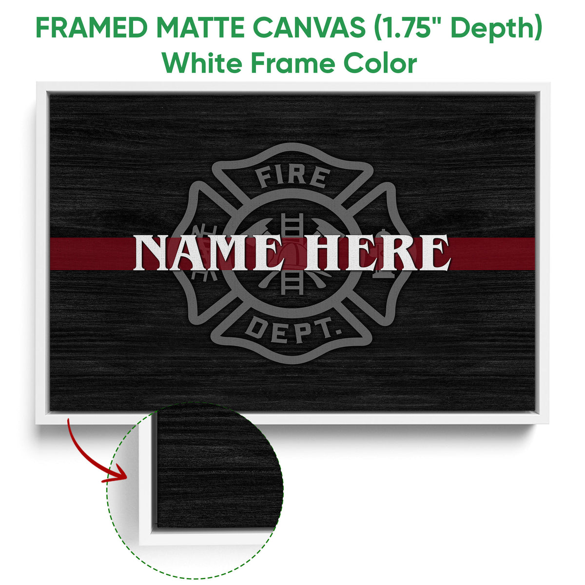 Framed firefighter canvas wall art shown with a white frame and close-up of the frame edge