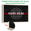 Framed firefighter canvas wall art shown with a natural wood frame and close-up of the wood edge