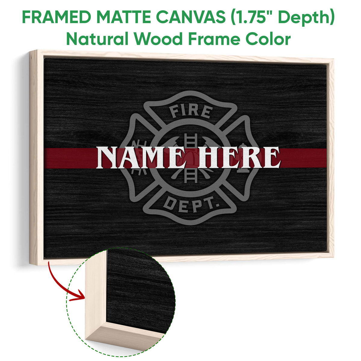 Framed firefighter canvas wall art shown with a natural wood frame and close-up of the wood edge