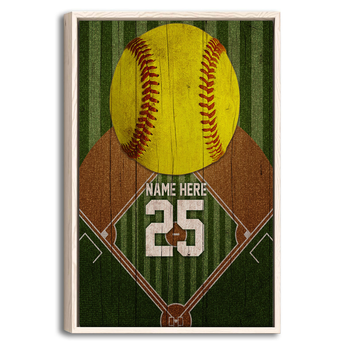 Framed softball wall art with a large yellow softball, green field design, and rustic woodgrain background