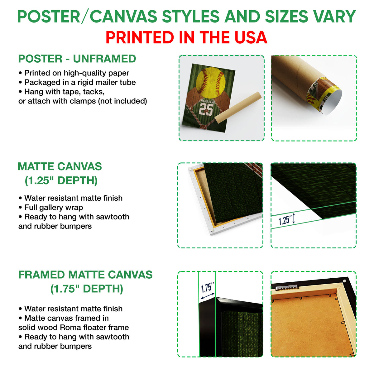 Poster and canvas wall art format guide showing unframed poster, matte canvas, and framed canvas options