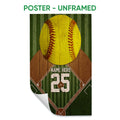 Unframed softball poster featuring a large yellow softball over a green diamond and brown woodgrain design