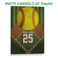Matte canvas softball wall art with a yellow softball, green field backdrop, and rustic sports design