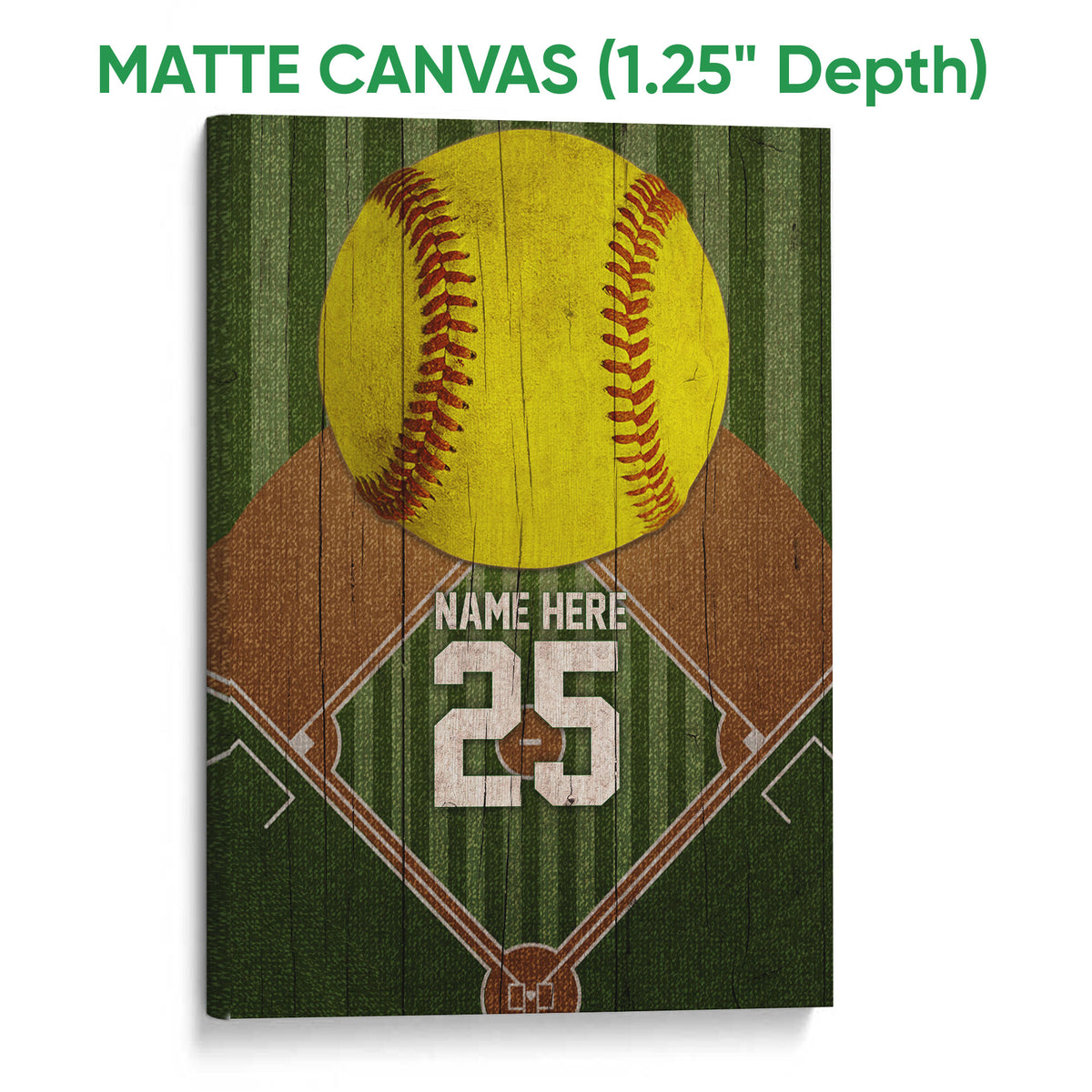 Matte canvas softball wall art with a yellow softball, green field backdrop, and rustic sports design
