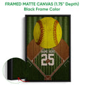 Black framed canvas softball wall art with a yellow softball and green woodgrain field design