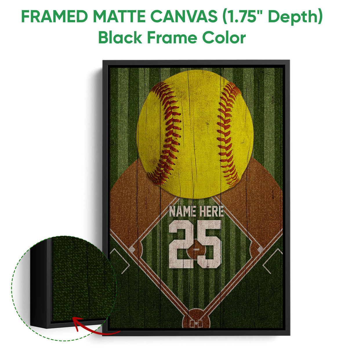 Black framed canvas softball wall art with a yellow softball and green woodgrain field design